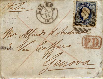 0364.jpg -     Lote:    364            Portugal       Descrição:         1867/70 &mdash; D. Luís I. Fita curva. Denteados. CE34, 120 reis azul sobre sobrescrito circulado de Lisboa (05.11.1872) para Génova (11.11.72) com trânsito por Torino /10.11.72). B.         Carta       Valor Base:     &euro; 60,00     Valor Venda:     Retirado     