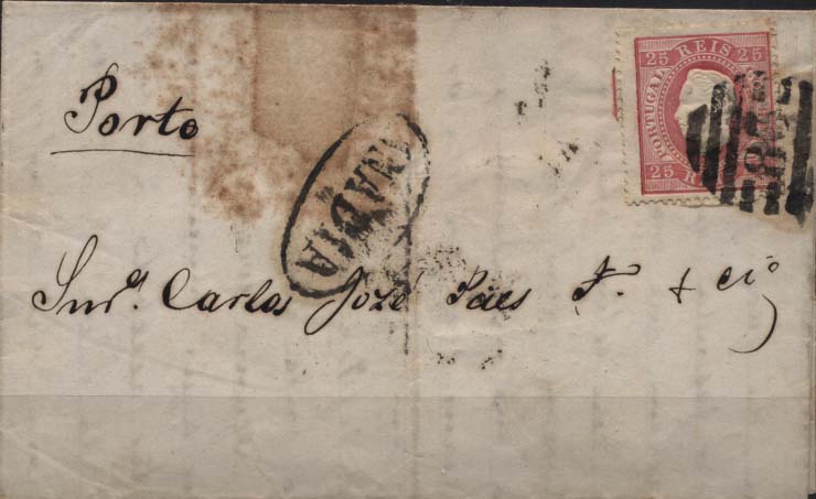 0366.jpg -     Lote:    366            Portugal       Descrição:         1870/76 &mdash; D. Luís I fita direita. CE40, 25 reis carmim, papel liso, denteado 14, em carta circulada de Anadia (22.06.1874) para o Porto (23.06.74), obliterada com carimbo numérico da 2.ª reforma 83 + mais nominativo ANADIA. B e MR.        Carta       Valor Base:     &euro; 40,00     Valor Venda:     &euro; 75,00     