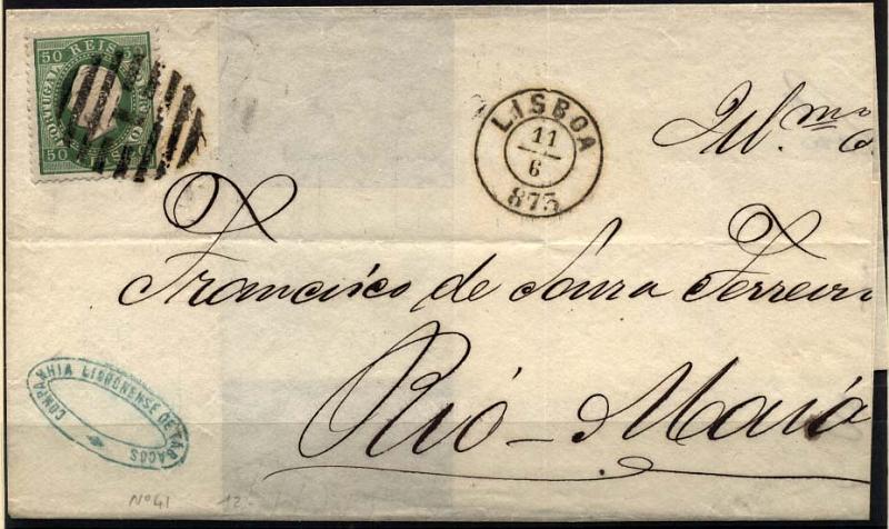0368.jpg -     Lote:    368            Portugal       Descrição:         1870/76 &mdash; D. Luís I. Fita direita. CE41, 50 reis verde, denteado 12 &frac12;, papel liso. Capa de carta circulada de Lisboa (11.06.1873, para Rio Maior. MB.        Carta       Valor Base:     &euro; 30,00     Valor Venda:     Retirado     