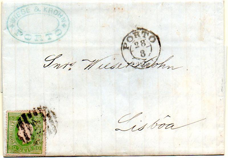0369.jpg -     Lote:    369            Portugal       Descrição:         1970/76 &mdash; D. Luís I, fita direita. CE42, 50 reis verde amarelo, denteado 13 &frac12;, papel liso em carta circulada do Porto (28.08.75) para Lisboa (29.08.75).        Carta       Valor Base:     &euro; 15,00     Valor Venda:     Retirado     