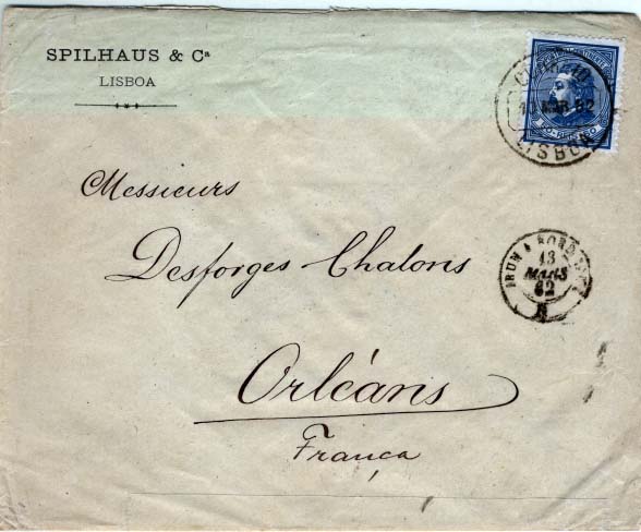 0371.jpg -     Lote:    371            Portugal       Descrição:         1880/81 &mdash; D. Luís I de perfil. Sobrescrito circulado de Lisboa (10.03.82) para Orleães, com trânsito por Irun/Bordeaux (13.03.82), com selo de 50 reis azul, papel liso, denteado 12 &frac12;, CE55 obliterado com carimbo circular datado de Lisboa.        Carta       Valor Base:     &euro; 30,00     Valor Venda:     Retirado     