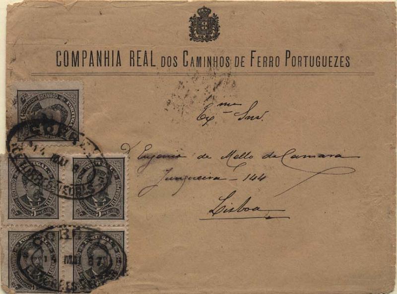0373.jpg -     Lote:    373            Portugal       Descrição:         1884/1887 &mdash; D. Luís I de frente. Novos valores. Sobrescrito timbrado da Companhia Real dos Caminhos de Ferro Portuguezes, circulado de Torres Vedras (14.05.87) para Lisboa (16.05.1887) com 5 selos (quadra + 1 simples) de 5 reis preto, papel liso, denteado 11 &frac12;, CE60. Dois selos com defeitos. Exemplar raro.        Carta       Valor Base:     &euro; 100,00     Valor Venda:     Retirado     