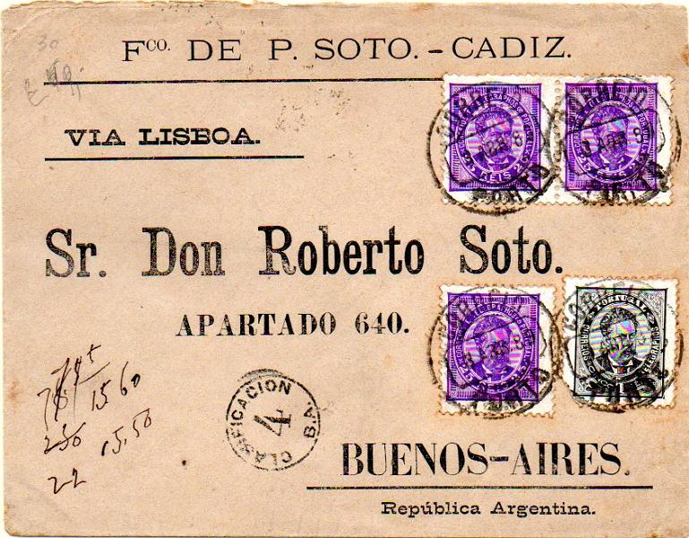 0374.jpg -     Lote:    374            Portugal       Descrição:         1884/87 &mdash; D. Luís I. De frente. Novos valores. Sobrescrito circulado do Porto (03.04.89) para Buenos Aires (26.04.89) com selo de 5 reis preto, denteado 11 &frac12; e par + 1 selo de 25 reis violeta rosa, denteado 11 &frac12;, todos em papel porcelana, CE60 e 63.        Carta       Valor Base:     &euro; 30,00     Valor Venda:     &euro; 42,00     