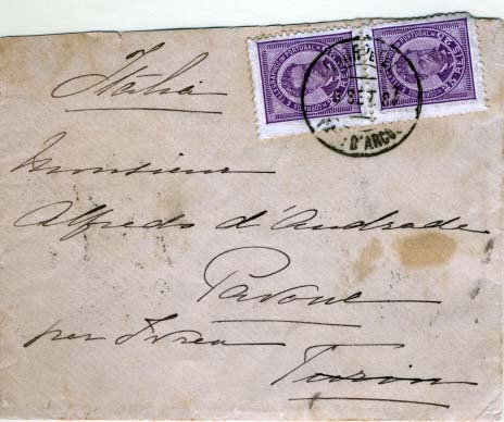 0375.jpg -     Lote:    375            Portugal       Descrição:         1884/87 &mdash; D. Luís I de frente. Novos valores. Sobrescrito circulado de Paço de Arcos (06.09.87) para Itália (14.09.87), com par de selos de 25 reis violeta, papel porcelana, denteado 11 &frac12;, CE63. 1.º porte para países estrangeiros.        Carta       Valor Base:     &euro; 20,00     Valor Venda:     Retirado     