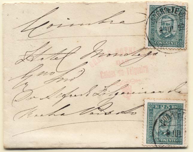 0376.jpg -     Lote:    376            Portugal       Descrição:         1892/93 &mdash; D. Carlos I, tipo Diogo Neto. CE70, 25 reis verde, papel porcelana, denteado 11 &frac12;. Dois selos circulado em sobrescrito remetido de Caldas de Felgueira (08.07.92) para Coimbra (08.07.92) com trânsito por Nelas (08.07.92). CCD's batidos a preto de CALDAS DE FELGUEIRA, NELLAS e COIMBRA.        Carta       Valor Base:     &euro; 12,00     Valor Venda:     &euro; 12,00     