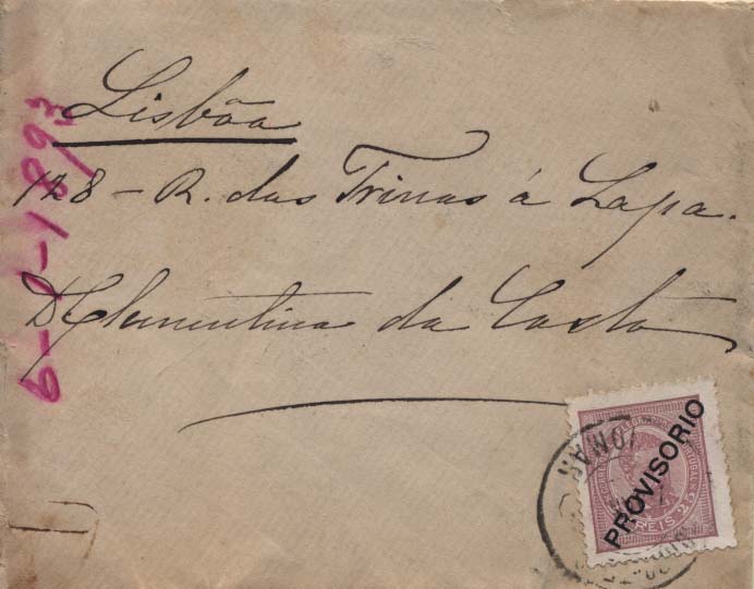 0381.jpg -     Lote:    381            Portugal       Descrição:         1892/93 &mdash; D. Luís I. Sobrecargas "PROVISÓRIO". Sobrecarga c. CE86, 25 reis lilás rosa, denteado 11 &frac12;, papel porcelana em carta circulada de Tomar para Lisboa (06.01.93).        Carta       Valor Base:     &euro; 15,00     Valor Venda:     &euro; 15,00     
