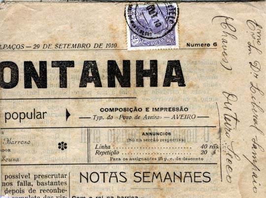 0382.jpg -     Lote:    382            Portugal       Descrição:         1910 &mdash; D. Manuel II. CE156, 2 &frac12; reis violeta sobre jornal "Voz da Montanha" circulado de Carrazedo de Montenegro (01.10.10) para Chaves (01.10.10). CCD tipo 1880 de "CHAVES" e "CARRASEDO DE MONTENEGRO".        JRN       Valor Base:     &euro; 10,00     Valor Venda:     &euro; 12,00     