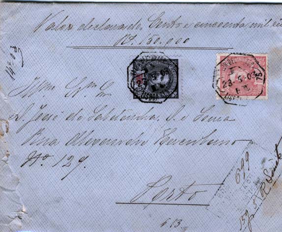 0383.jpg -     Lote:    383            Portugal       Descrição:         1895/96 &mdash; D. Carlos I tipo Mouchon. Valor declarado no valor de 150.000 reis, circulado de Lisboa (23.05.03) para o Porto (24.05.03) com selos de 75 reis carmim CE133 e 500 reis denteado 11 &frac12;, CE139. MB e R.        Carta       Valor Base:     &euro; 90,00     Valor Venda:     &euro; 100,00     