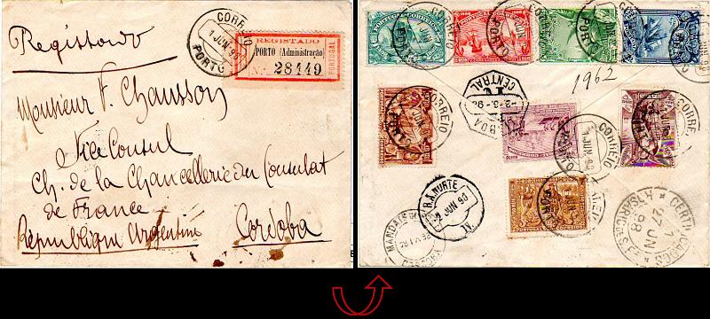 0384.jpg -     Lote:    384            Portugal       Descrição:         1898 &mdash; 4.º Centenário do Descobrimento do Caminho Marítimo para a Índia. CE148/155. Série completa em sobrescrito circulado registado do Porto (01.06.98) para Córdoba*Argentina (27.06.98) com trânsito por Lisboa (03.06.98).         Carta       Valor Base:     &euro; 100,00     Valor Venda:     &euro; 120,00     