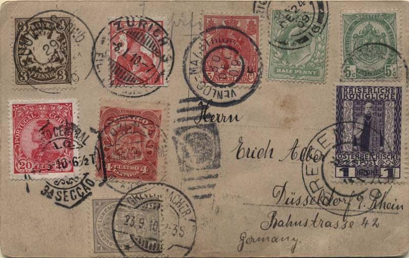 0385.jpg -     Lote:    385            Portugal       Descrição:         1910 &mdash; D- Manuel II. World postcard, circulado por diversos países (Alemanha, Suíça, Holanda, Inglaterra, Bélgica, Áustria, Luxemburgo, Portugal, França, Rússia e México) com selo de 20 reis carmim obliterado com carimbo de Lisboa (13.06.1910). B e R.        PI       Valor Base:     &euro; 50,00     Valor Venda:     Retirado     