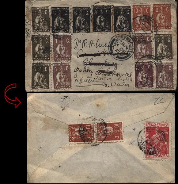 0386.jpg -     Lote:    386            Portugal       Descrição:         1912/20 &mdash; Ceres. Sobrescrito circulado de Vila Nova de Gaia para a Inglaterra (01.09.21) com diversos selos: 4 x &frac14; C CE206 + 4 x &frac12; C CE207 + 4 x 1C castanho CE221 + 4 selos de 10C CE215 + selo de 15C CE216 + selo de Assistência CE IP7.        Carta       Valor Base:     &euro; 25,00     Valor Venda:     &euro; 36,00     