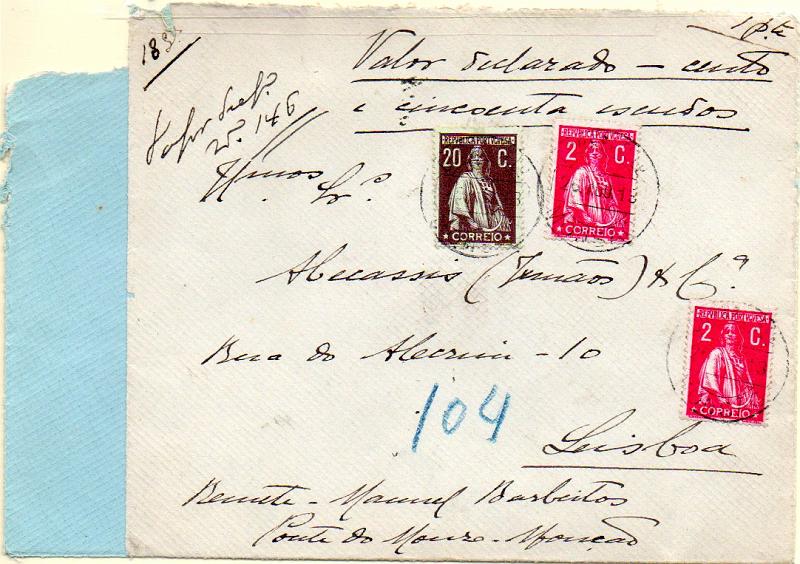 0387.jpg -     Lote:    387            Portugal       Descrição:         1912 &mdash; Ceres. Lote de duas frentes de valores declarados: um de 150$00 remetido de Monção (26.08.13) para Lisboa, com dois selos de 2C carmim e 20C chocolate sobre verde CE210 e 217 + frente de valor declarado remetido de Vila Nova de Tazém (26.05.13) para Lisboa com selos &frac12;, 2 x2 e 5C CE207, 210 e 212. Todos os selos em papel porcelana, denteado15x14.        FRG       Valor Base:     &euro; 30,00     Valor Venda:     &euro; 42,00     