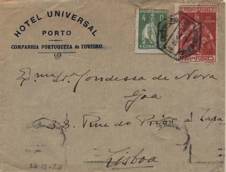 0389.jpg -     Lote:    389            Portugal       Descrição:         1917/1920 &mdash; Ceres, novas taxas e cores + Imposto Postal "Para os Pobres". Sobrescrito circulado do Porto (26.12.1920) para Lisboa (27.12.20) com selo Ceres de 4c verde, denteado 15x14, papel cartolina, CE226 + selo do Imposto Postal de 1c CE IPT7. B e R        Carta       Valor Base:     &euro; 20,00     Valor Venda:     &euro; 32,00     