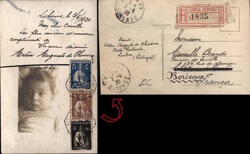 0390.jpg -     Lote:    390            Portugal       Descrição:         1912/20 &mdash; Ceres. Postal ilustrado circulado registado de Lisboa (04.06.20) para França (07.06.20) com selos de &frac12; C CE207, 1C CE221 + 7 &frac12; C azul CE229.        PI       Valor Base:     &euro; 20,00     Valor Venda:     &euro; 24,00     