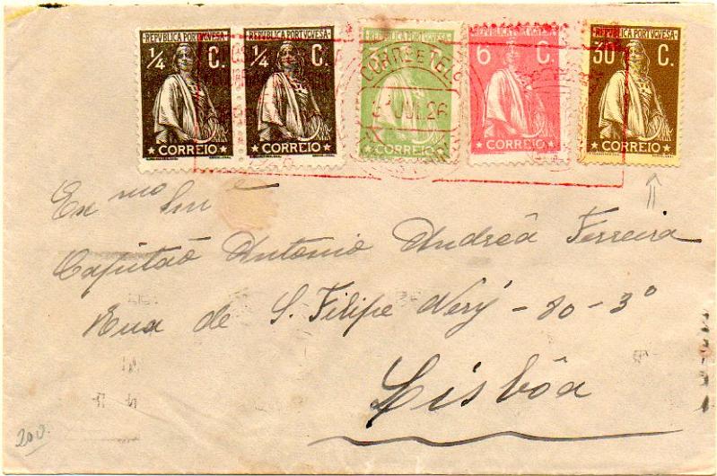 0391.jpg -     Lote:    391            Portugal       Descrição:         1912/20 &mdash; Ceres. Sobrescrito circulado de Torres Novas (31.07.26) para Lisboa (01.08.29) com selos de &frac14; c sépia 12x11 &frac12;, 3 &frac12; c verde, 6c lilás rosa e 30c castanho s/ amarelo, CE206, 225, 228 e 234, obliterados com carimbo comemorativo batido a vermelho. MB.        Carta       Valor Base:     &euro; 50,00     Valor Venda:     &euro; 70,00     