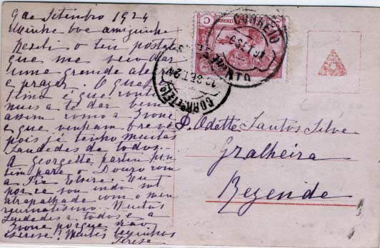 0393.jpg -     Lote:    393            Portugal       Descrição:         1923 &mdash; Travessia Aérea do Atlântico. CE268, 25c rosa em postal ilustrado circulado do Porto (09.09.24) para Rezende (10.09.24). MB e MR.        PI       Valor Base:     &euro; 120,00     Valor Venda:     &euro; 120,00     