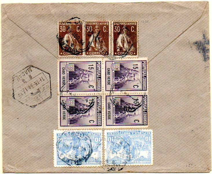 0394.jpg -     Lote:    394            Portugal       Descrição:         1934 &mdash; Ceres + Monumento ao Marquês de Pombal + Padrões da Grande Guerra. Selos de recurso. Sobrescrito circulado registado de Lisboa para Macau (11.09.34) com 3 selos de 30c CE281 + quadra de 15c (Efígie) de Cabo Verde + 2 selos de 10C azul CE IP15.        Carta       Valor Base:     &euro; 30,00     Valor Venda:     &euro; 80,00     