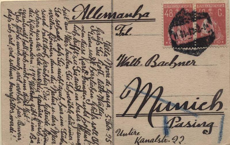 0395.jpg -     Lote:    395            Portugal       Descrição:         1924/26 &mdash; Ceres. Novas taxas e cores. Postal ilustrado circulado do Porto (18.02.25) para Munique, com par de selos de 48C carmim rosa CE284. B e R.        Carta       Valor Base:     &euro; 10,00     Valor Venda:     &euro; 18,00     