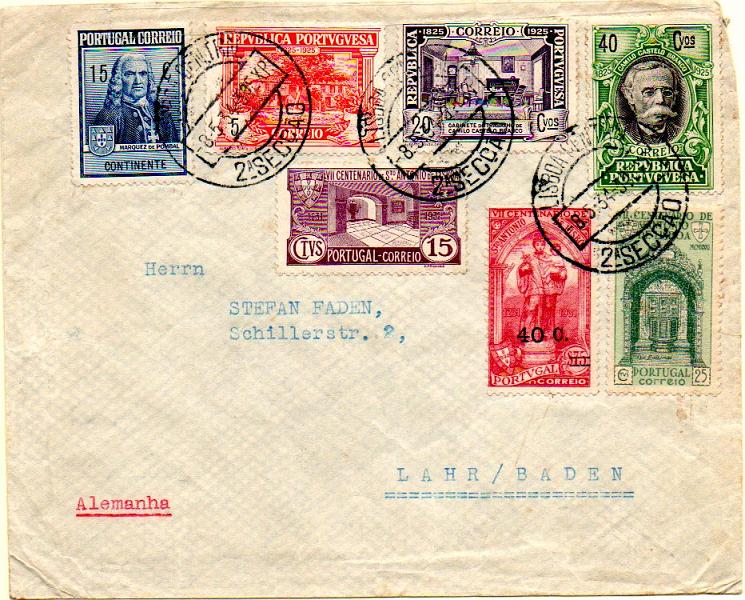 0397.jpg -     Lote:    397            Portugal       Descrição:         1934 &mdash; Selos de recurso. Camilo Castelo Branco + S. António com e sem sobretaxa + Monumento ao Marquês de Pombal. Sobrescrito circulado de Lisboa (08.05.34) para a Alemanha com selos CE333, 339, 343, 531, 532, 557 e IP18.        Carta       Valor Base:     &euro; 25,00     Valor Venda:     &euro; 32,00     