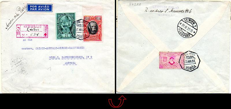 0401.jpg -     Lote:    401            Portugal       Descrição:         1934 &mdash; Selos de recurso. Centenário de Camilo Castelo Branco. Sobrescrito circulado registado por via aérea de Lisboa (27.04.35) para a Áustria (29.04.35) com selos de 2E e 4E50, CE354 e 358 + vinheta no verso do Centenário da Índia. MB.        Carta       Valor Base:     &euro; 50,00     Valor Venda:     &euro; 65,00     