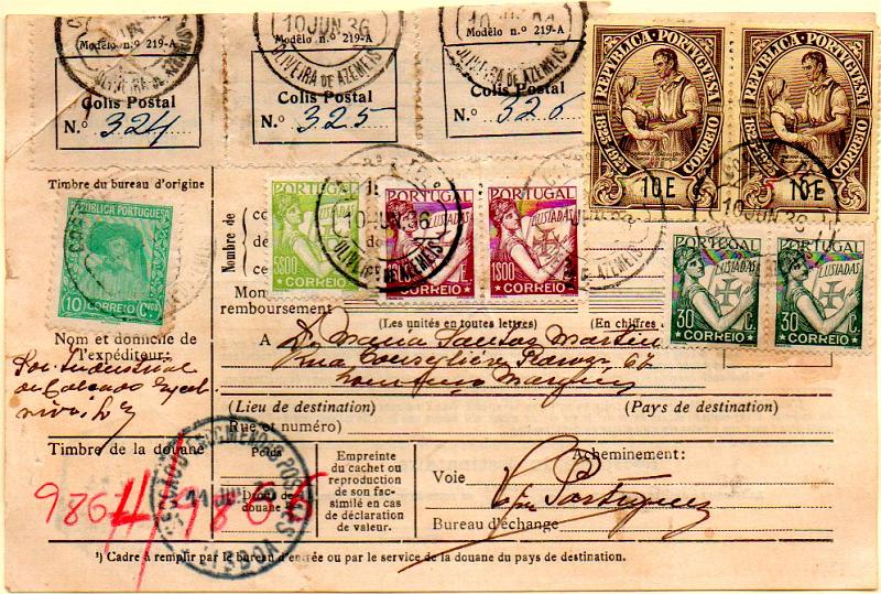 0402.jpg -     Lote:    402            Portugal       Descrição:         1925/35 &mdash; Centenário de Camilo Castelo Branco + Lusíadas + Infante D. Henrique. Boletim de expedição de encomenda postal selada com selos de 2x10E CE359, 2x30c, 2x1$00 e 5$00 CE525, 530 e 544 + selo de 10c CE568 (custo do impresso). MB.        DOC       Valor Base:     &euro; 50,00     Valor Venda:     &euro; 70,00     