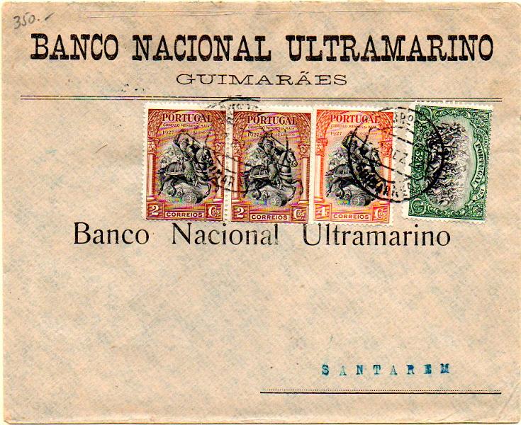 0404.jpg -     Lote:    404            Portugal       Descrição:         1927 &mdash; Independência de Portugal * 2.ª emissão. Sobrescrito circulado de Guimarães (02.12.27 &mdash; último dia de circulação) para Santarém (04.12.27) com selos de 2c(par), 4c e 32c = 40c (1.º porte), CE420, 422 e 428. MB e MR.        Carta       Valor Base:     &euro; 250,00     Valor Venda:     &euro; 600,00     