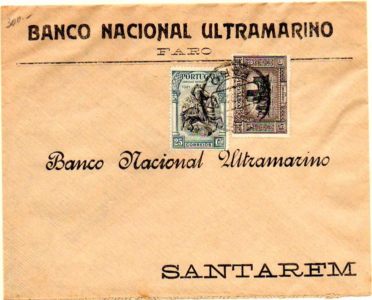 0406.jpg -     Lote:    406            Portugal       Descrição:         1927 &mdash; Independência de Portugal * 2.ª emissão. Sobrescrito circulado de Faro (02.12.27 &mdash; último dia de circulação) para Santarém, com selos de 15c e 25c CE425 e 427. B e MR.        Carta       Valor Base:     &euro; 150,00     Valor Venda:     &euro; 300,00     
