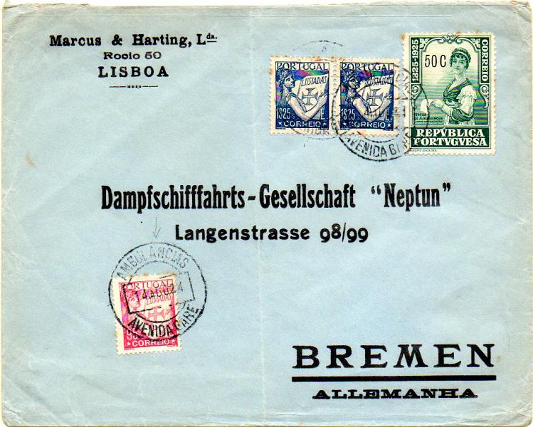 0410.jpg -     Lote:    410            Portugal       Descrição:         1925/1931 &mdash; 1.º Centenário do Nascimento de Camilo Castelo Branco (selo de recurso) + Lusíadas. Sobrescrito circulado por via ferroviária de Lisboa (14.08.34) para a Alemanha com selos de 50C CE345, 95C carmim CE545 e 2x1$75 CE547, obliterados com carimbo batido a preto "AMBULÂNCIAS / AVENIDA GARE".        Carta       Valor Base:     &euro; 15,00     Valor Venda:     &euro; 22,00     
