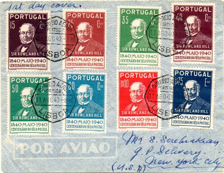 0411.jpg -     Lote:    411            Portugal       Descrição:         1940 &mdash; Centenário do Selo Postal. CE599/606. Série completa circulada em sobrescrito remetido de Lisboa (11.08.40) para os EUA (15.08.40). No verso selo de 5c Legião Portuguesa. Embora a data prevista de circulação fosse a 12 de Agosto, os selos foram disponibilizados no dia anterior.        FDC       Valor Base:     &euro; 30,00     Valor Venda:     &euro; 30,00     
