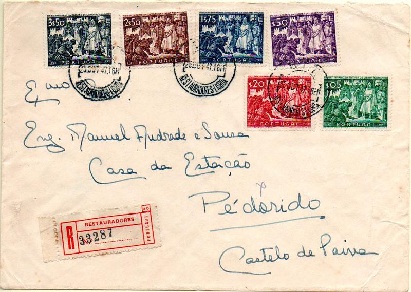 0413.jpg -     Lote:    413            Portugal       Descrição:         1947 &mdash; 8.º Centenário da Tomada de Lisboa aos Mouros. CE685/690. Série completa em sobrescrito circulado registado de Lisboa (25.10.47) para Castelo de Paiva.        Carta       Valor Base:     &euro; 20,00     Valor Venda:     Retirado     