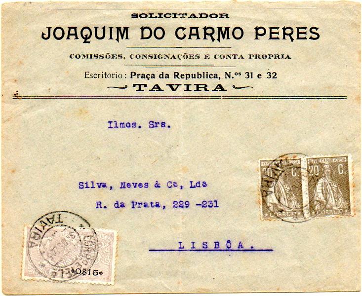 0414.jpg -     Lote:    414            Portugal       Descrição:         1925 &mdash; Selos de recurso do imposto postal (PARA OS POBRES) + Ceres. Sobrescrito circulado de Tavira (31.12.25) para Lisboa com par de selos de 20c cinzento CE280 + estampilha fiscal da ASSISTÊNCIA de 0$15 como selo de recurso por falta de selos do imposto postal. MB e R.        Carta       Valor Base:     &euro; 30,00     Valor Venda:     &euro; 38,00     