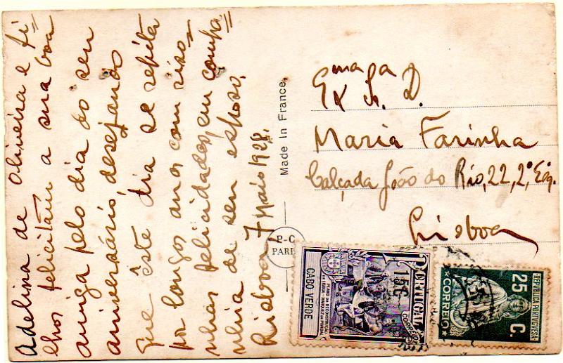 0415.jpg -     Lote:    415            Portugal       Descrição:         1928 &mdash; Imposto Postal * Monumento ao Marquês de Pombal + Ceres. Postal ilustrado circulado em Lisboa (07.08.28) com selo de 25C CE404 e selo de recurso do imposto postal de Cabo Verde de 15C (Plano).        Carta       Valor Base:     &euro; 20,00     Valor Venda:     &euro; 42,00     