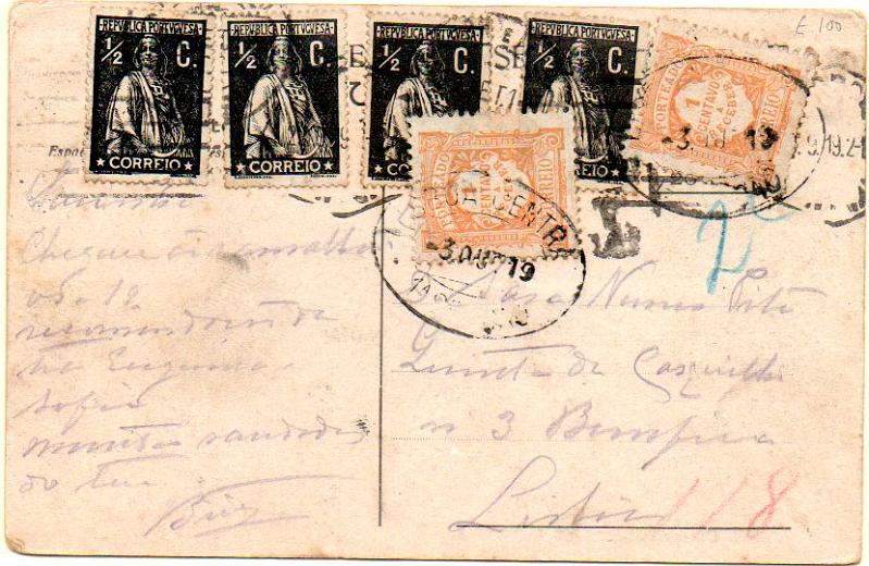 0416.jpg -     Lote:    416            Portugal       Descrição:         1912 &mdash; Ceres. Postal ilustrado circulado de Cintra (29.09.19) para Lisboa (03.10.19) com 4 selos de &frac12; C preto, denteado 15x14, papel cartolina. Porteado por insuficiência de franquia com dois selos de 1c amarelo laranja CE POR22. MB e R.        PI       Valor Base:     &euro; 50,00     Valor Venda:     &euro; 85,00     