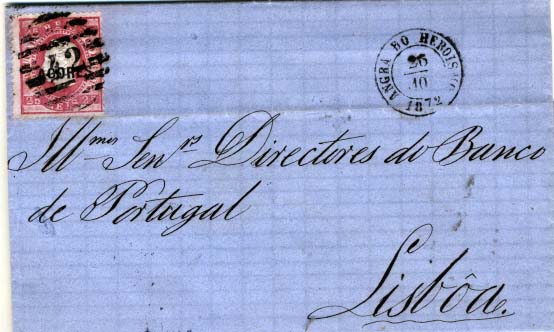 0420.jpg -     Lote:    420            Açores       Descrição:         1871/76 &mdash; D. Luís I, fita direita com sobrecarga "AÇORES". CE19, 25 reis carmim, papel liso, denteado 12 &frac12;, sobrecarga tipo A, sobre carta circulada de Angra do Heroísmo (26.10.72) para Lisboa (02.11.72), obliterados com carimbo da 2.ª reforma batido a preto "42 &mdash; ANGRA DO HEROÍSMO". MB.        Carta       Valor Base:     &euro; 20,00     Valor Venda:     &euro; 80,00     