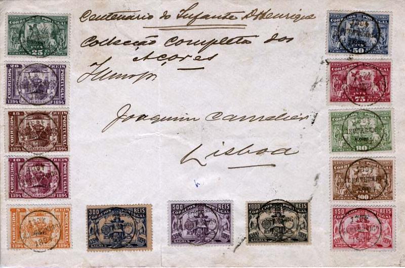 0421.jpg -     Lote:    421            Açores       Descrição:         1894 &mdash; 5.º Centenário do Nascimento do Infante D. Henrique, com sobrecarga Açores. CE60/72. Série completa em carta não circulada.        Carta       Valor Base:     &euro; 150,00     Valor Venda:     &euro; 240,00     