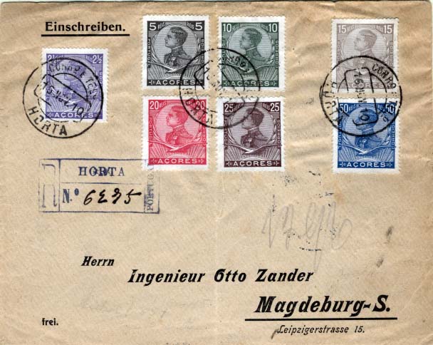 0422.jpg -     Lote:    422            Açores       Descrição:         1910 &mdash; D. Manuel II. Sobrescrito circulado registado da Horta (15.11.10) para a Alemanha (29.11.10) com trânsito por Lisboa (25.11.10) com selos de 2 &frac12;, 5, 10, 15, 20, 25 e 50 reis CE107/113. MB.        Carta       Valor Base:     &euro; 40,00     Valor Venda:     &euro; 48,00     