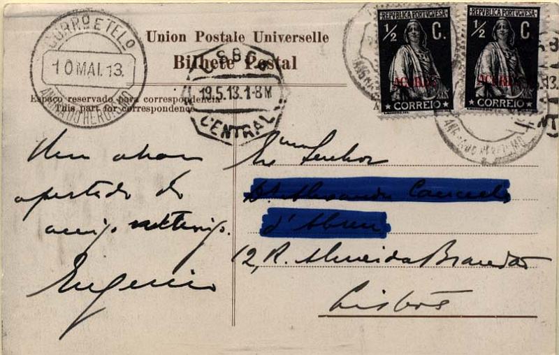 0423.jpg -     Lote:    423            Açores       Descrição:         1912/13 - Ceres. Selos do Continente com sobrecarga "Açores". Postal ilustrado circulado de Angra do Heroísmo (10.05.13) para Lisboa (19.05.13) com dois selos de &frac12; ctvs preto, denteado 15x14, papel porcelana CE150. B        PI       Valor Base:     &euro; 8,00     Valor Venda:     &euro; 12,00     
