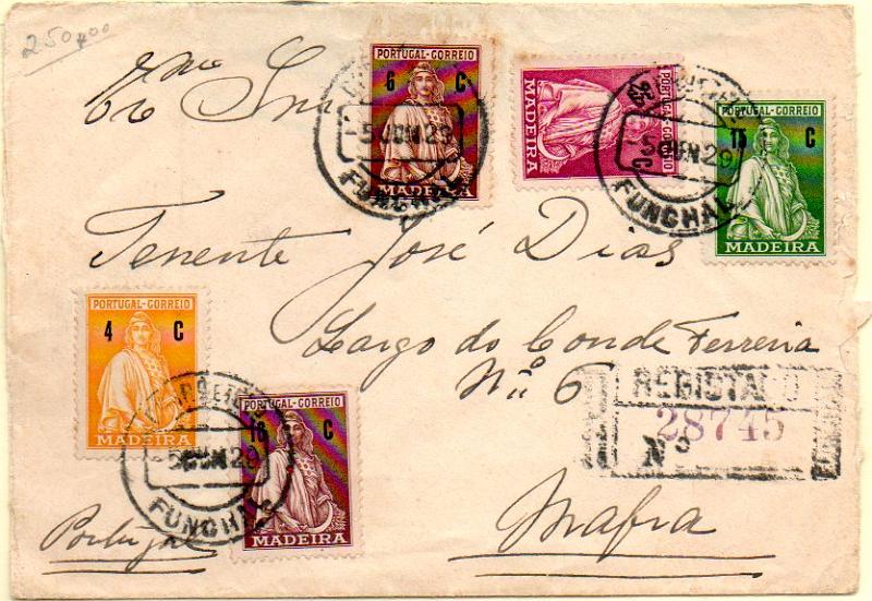 0425.jpg -     Lote:    425            Madeira       Descrição:         1929 &mdash; Ceres. Sobrescrito circulado registado do Funchal (05.06.29) para Mafra (11.06.29) com selos de 3c, 4c, 5c, 6c (2), 10c, 15c, 16c e 25c. CE4&frac14;8.         Carta       Valor Base:     &euro; 20,00     Valor Venda:     &euro; 120,00     