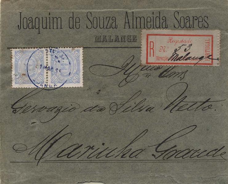 0426.jpg -     Lote:    426            Angola       Descrição:         1893/94 &mdash; D. Carlos I Diogo Neto. Sobrescrito circulado registado de Malange para a Marinha Grande (28.03.95) com trânsito por Luanda (01.03.95) e Lisboa (28.03.95), com par de selos de 50 reis azul, papel porcelana, denteado 11 &frac12;. Um dos selos com 3 pequenos furos de espigão. Selos obliterados em Luanda. MB e MR.        Carta       Valor Base:     &euro; 75,00     Valor Venda:     &euro; 75,00     