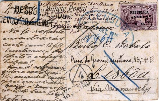 0427.jpg -     Lote:    427            Angola       Descrição:         1913 &mdash; 4.º Centenário do Descobrimento do Caminho Marítimo para a Índia, com sobrecarga REPUBLICA e sobretaxa, sobre selos de África. CE120, 1c s/ 10 reis. Selo sobre postal circulado de Gambos para Lisboa (01.09.16), devolvido ao remetente. Censurado em Lisboa.        PI       Valor Base:     &euro; 20,00     Valor Venda:     Retirado     