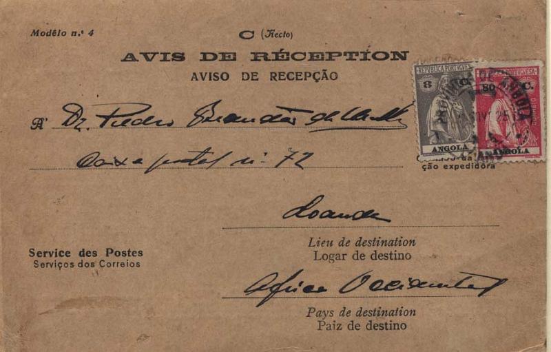 0429.jpg -     Lote:    429            Angola       Descrição:         1914/22 &mdash; Ceres. Aviso de recepção de carta remetida de Luanda (11.11.25) para a Parede (08.12.25) e devolvido a Luanda (07.01.26) com selos de 8C CE150 e 80C CE209.        AR       Valor Base:     &euro; 20,00     Valor Venda:     &euro; 36,00     