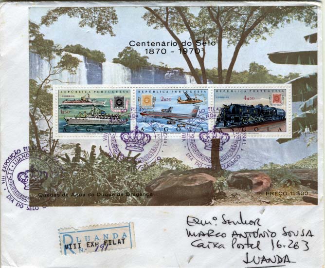 0430.jpg -     Lote:    430            Angola       Descrição:         1970 &mdash; Centenário do Selo Postal de Angola. CE554/55. Sobrescrito circulado registado em Luanda com bloco, obliterado com carimbo comemorativo da VIII Exposição Filatélica Nacional (04.12.1970). MR.        FDC/BLC       Valor Base:     &euro; 12,00     Valor Venda:     &euro; 14,00     