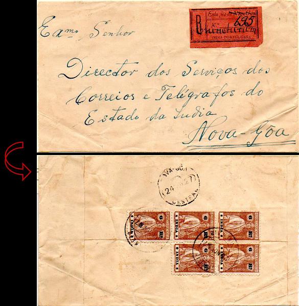 0435.jpg -     Lote:    435            Índia       Descrição:         1913 &mdash; Ceres. Sobrescrito circulado registado de Chinchinim (23.11.27) para Nova Goa (24.11.27) com bloco de 5 selos de 6 reis castanho, denteado 12x11 &frac12;, posição das estrelas III/II CE261, colados no verso.        Carta       Valor Base:     &euro; 20,00     Valor Venda:     &euro; 28,00     