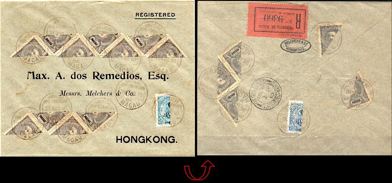0438.jpg -     Lote:    438            Macau       Descrição:         1902/03 &mdash; D. Carlos I tipo Diogo Neto com sobretaxa + D. Carlos I Mouchon. Sobrescrito circulado registado de Macau (31.08.10) para Hong Kong (02.09.10) com 2 selos bipartidos de 6 avos s/ 200 reis CE117 e 16 selos bipartidos de 3 avos CE130.        Carta       Valor Base:     &euro; 35,00     Valor Venda:     &euro; 35,00     