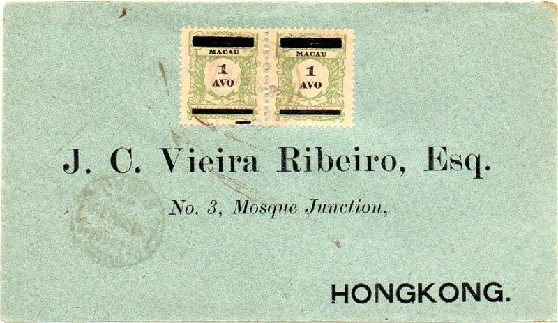 0440.jpg -     Lote:    440            Macau       Descrição:         1910 &mdash; Selos de porteado, com sobrecarga. Sobrescrito circulado de Macau (27.11.10) para Hong-Kong com par de 1 avo CE142.        Carta       Valor Base:     &euro; 40,00     Valor Venda:     &euro; 40,00     