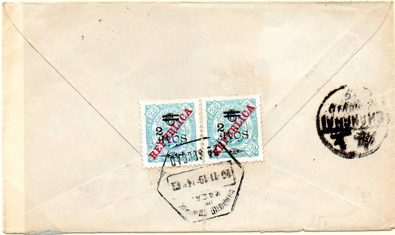 0443.jpg -     Lote:    443            Macau       Descrição:         1919 &mdash; D. Carlos I com sobretaxa e sobrecarga REPUBLICA da Casa da Moeda. Sobrescrito circulado de Macau (20.11.19) para Wenchow (01.12.19) com par de selos de 2 s/ 6 avos s/ 25 reis verde, CE244.         Carta       Valor Base:     &euro; 125,00     Valor Venda:     &euro; 160,00     