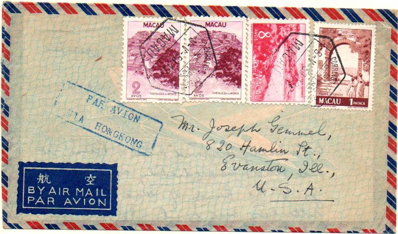 0452.jpg -     Lote:    452            Macau       Descrição:         1948/51 &mdash; Motivos locais. Sobrescrito circulado por via aérea de Macau (08.05.50) para os EUA, com trânsito por Hong-Kong (09.05.50) com selos de 2x2 avos, 8 avos e 1P, CE328, 330 e 348.        Carta       Valor Base:     &euro; 40,00     Valor Venda:     &euro; 40,00     