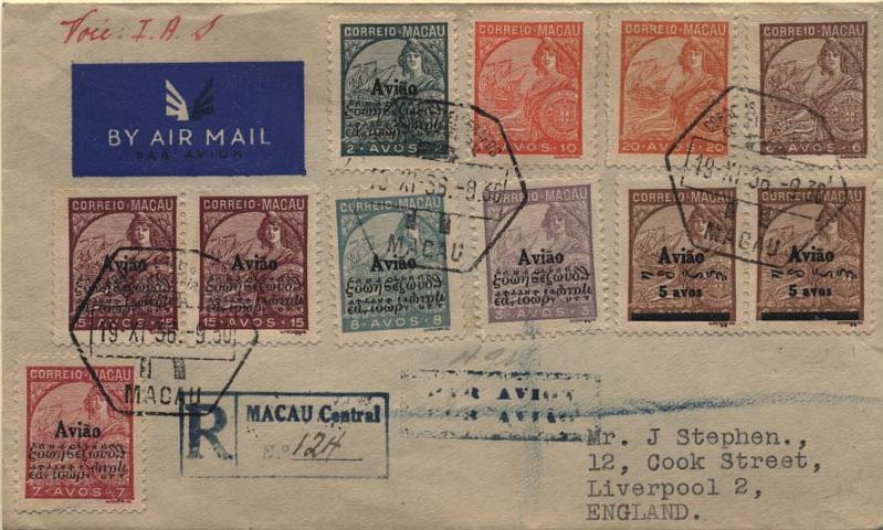 0456.jpg -     Lote:    456            Macau       Descrição:         1936 &mdash; Macau-Inglaterra pela Imperial Airways Service. Sobrescrito circulado registado por via aérea de Macau (19.11.36) para Liverpool (26.11.36), com série completa Padrões c/ sobrecarga "Avião" (CE CA 1/6) + selos Padrões de 6, 10 e 20 avos (CE274, 277 e 281), perfazendo o porte de 96 avos (20 avos pelo porte de correio ordinário, 16 avos pelo registo e 60 avos de sobretaxa de correio aéreo).        Carta       Valor Base:     &euro; 60,00     Valor Venda:     Retirado     
