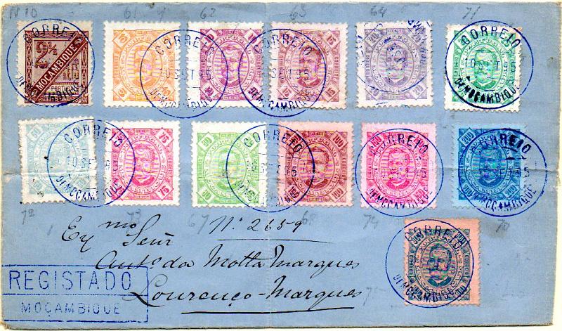 0457.jpg -     Lote:    457            Moçambique       Descrição:         1892/93 &mdash; D. Carlos I tipo Diogo Neto. CE28/40. Série completa sobre sobrescrito circulado de Moçambique (10.09.95) para Lourenço Marques. Carimbo de registo batido a azul "REGISTADO/MOÇAMBIQUE". MB e MR.        Carta       Valor Base:     &euro; 750,00     Valor Venda:     &euro; 750,00     