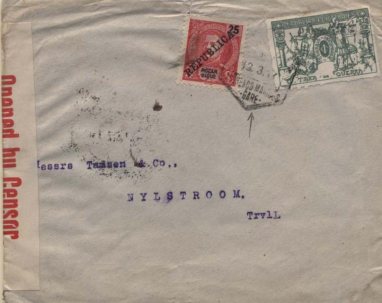 0458.jpg -     Lote:    458            Moçambique       Descrição:         1911/17 &mdash; D. Carlos I Mouchon com sobrecarga REPUBLICA da Casa da Moeda + Imposto Postal * Taxa de Guerra. Sobrescrito circulado de Lourenço Marques (12.03.17) para Nylstroom / Transval (14.03.17) com trânsito por Pretória (13.03.17) com selo de 25 reis carmim CE108 e selo do imposto postal de 1C verde CE IP1. Carimbo hexagonal batido a preto de LOURENÇO MARQUES &mdash; GARE.        Carta       Valor Base:     &euro; 20,00     Valor Venda:     Retirado     